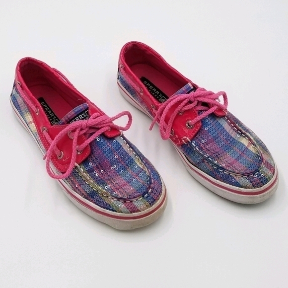 Sperry Bahama Sequin Plaid Boat Shoes 3Y - Picture 1 of 8